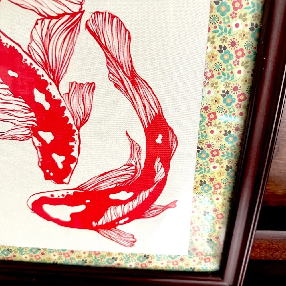 Red Koi Fish Canvas Art Print Floral Border Cherry Wood Framed Asian Wall Art